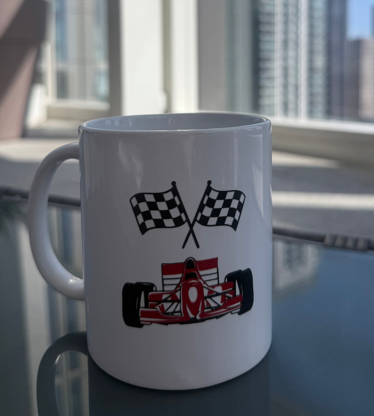 White Ceramic Mug - Red Racing Car & Flag Design