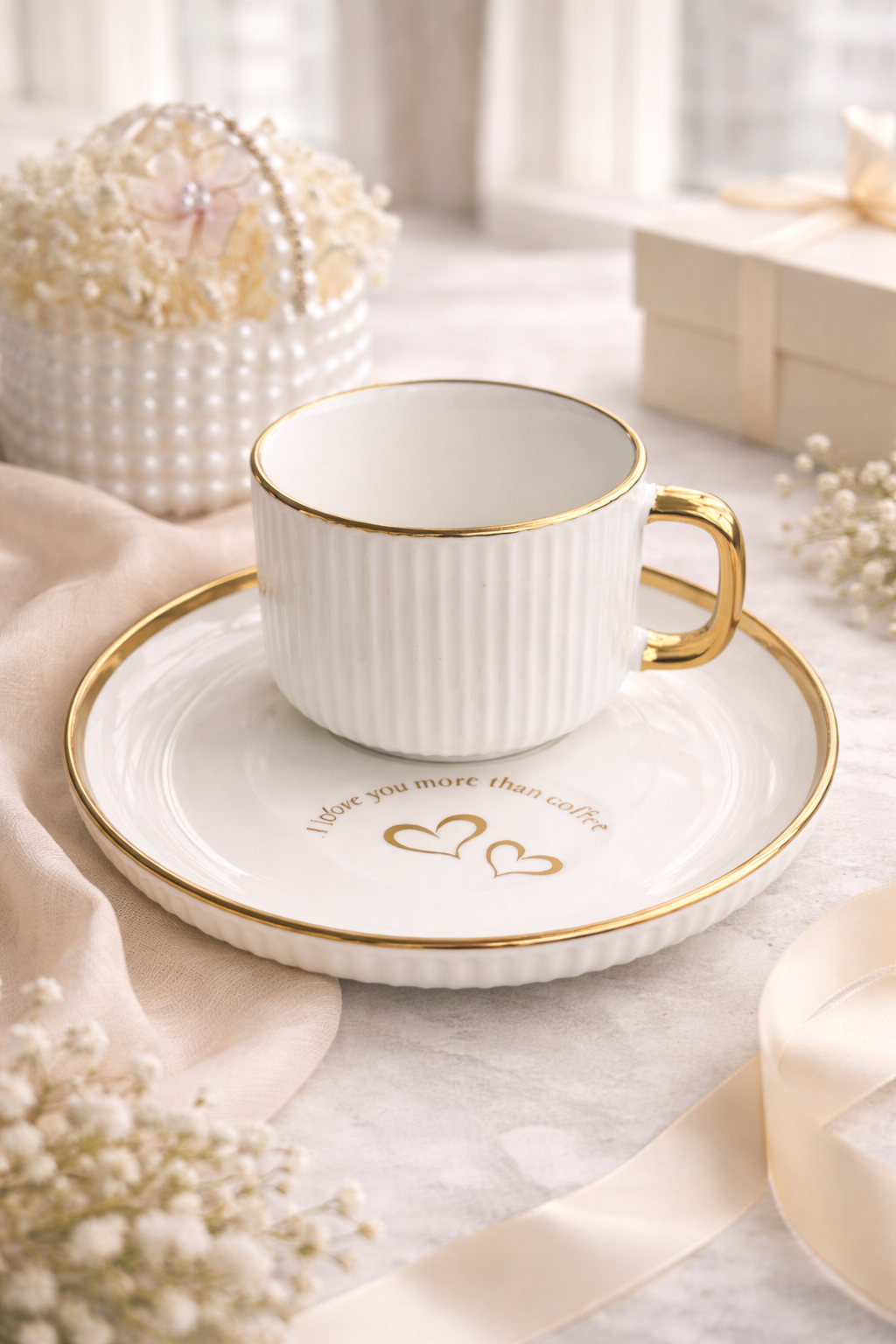 Personalized White & Gold Coffee Cup & Plate Set