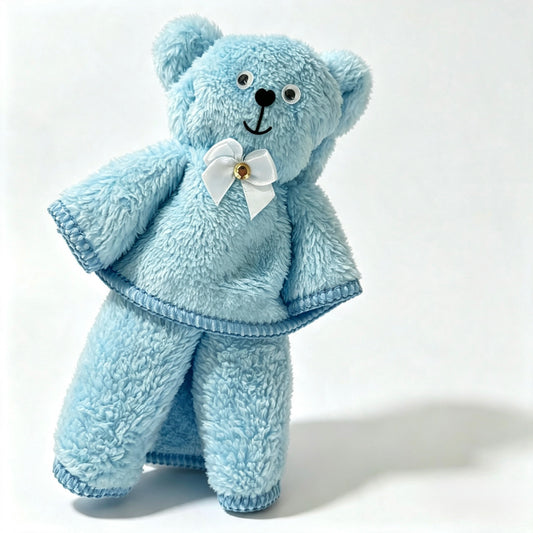 Teddy Bear Shaped Towel 7x4” - Baby Blue
