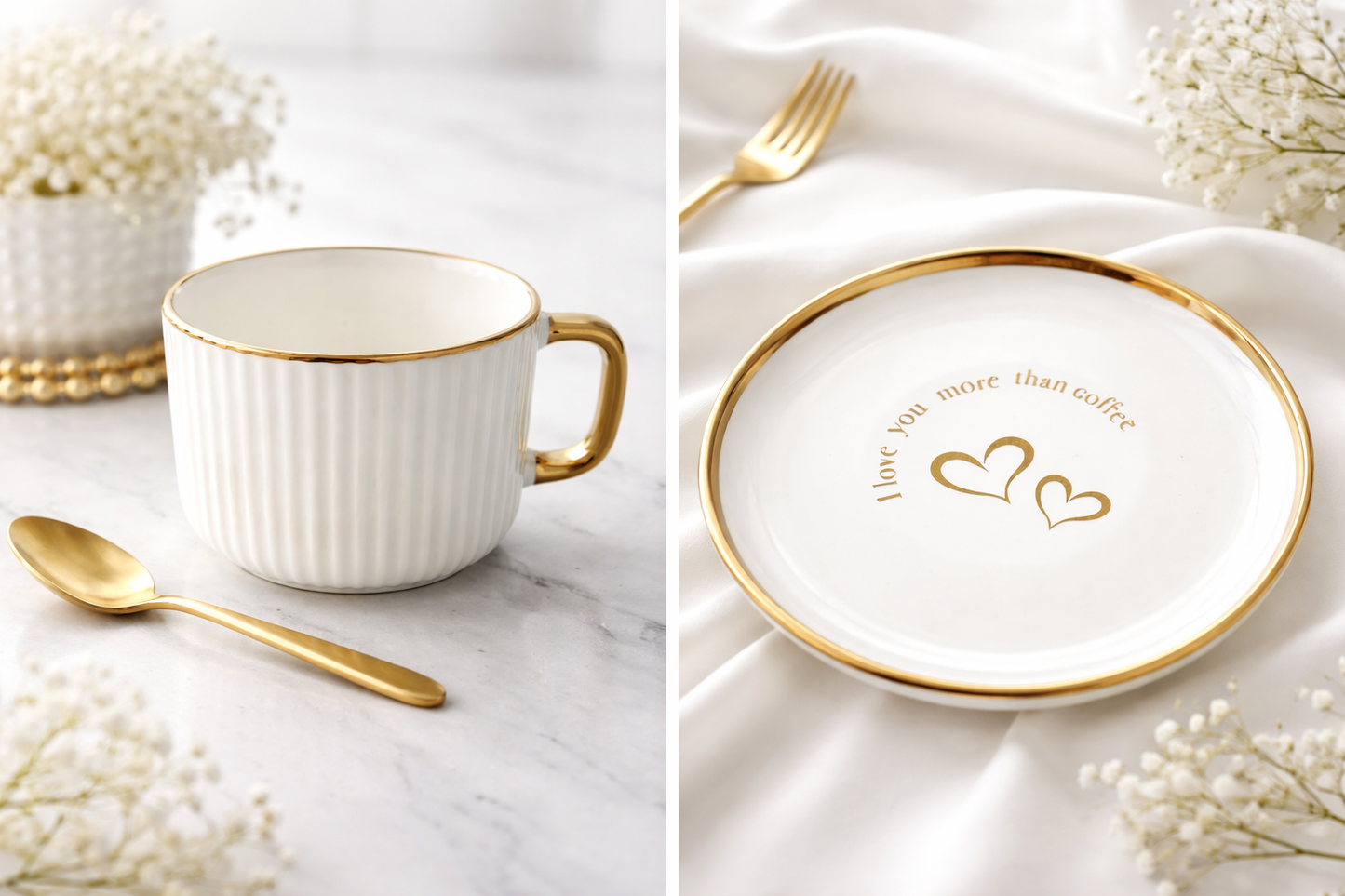 Personalized White & Gold Coffee Cup & Plate Set