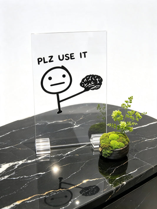 “Plz Use It” Funny Brain Acrylic Sign |4x6in Motivation Desk Decor