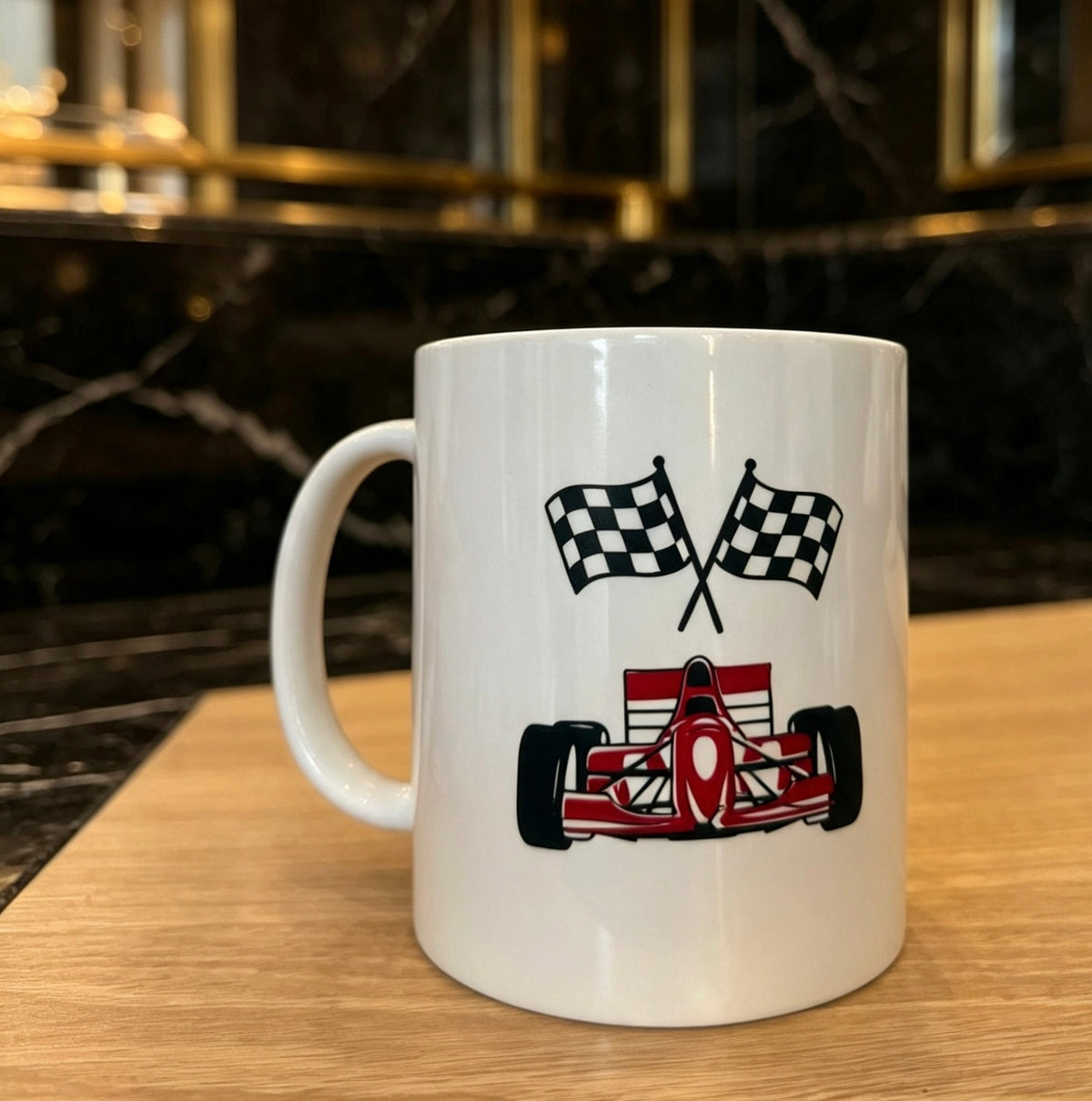 White Ceramic Mug - Red Racing Car & Flag Design