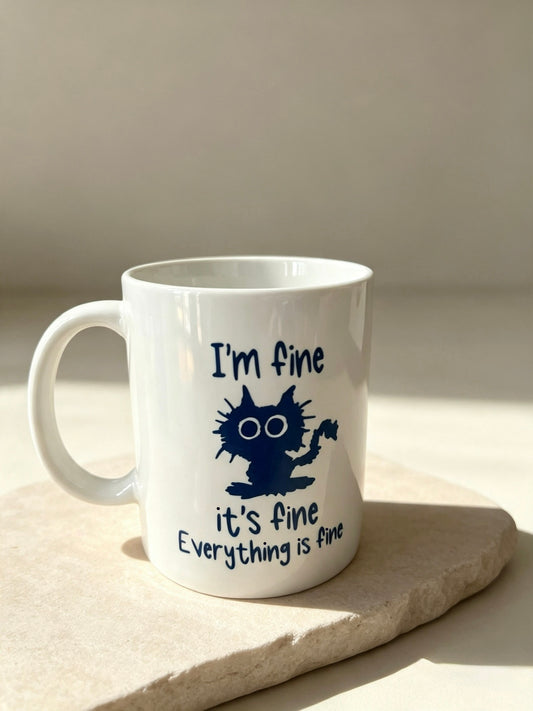 White Ceramic Mug - Everything is Fine Cat Mood