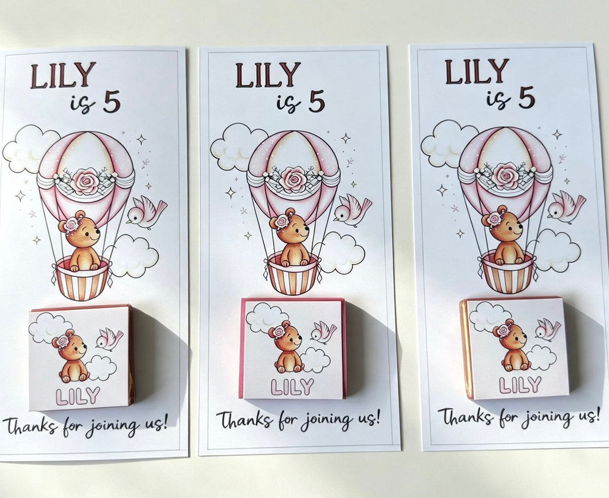 Personalised Birthday Chocolate Favor| Pink Hot Air Balloon Bear