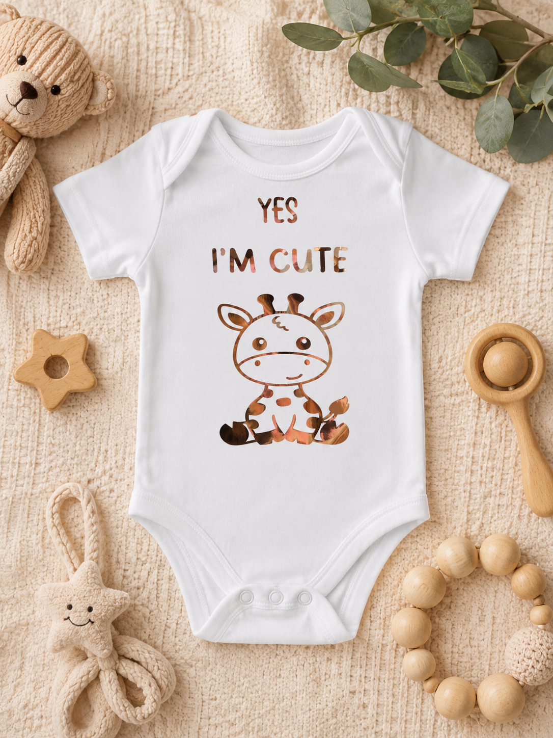 Yes I’m Cute Baby Bodysuit | Champagne Gold Giraffe Design