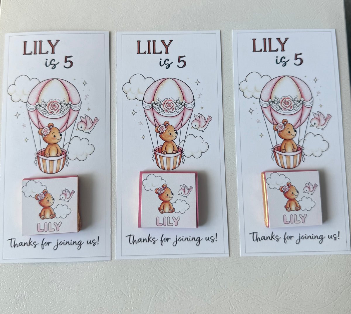 Personalised Birthday Chocolate Favor| Pink Hot Air Balloon Bear