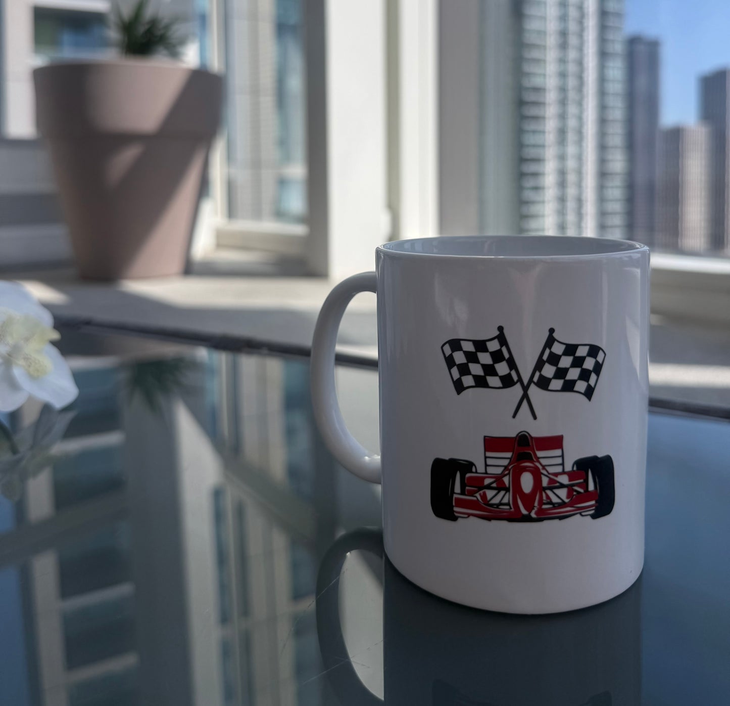 White Ceramic Mug - Red Racing Car & Flag Design