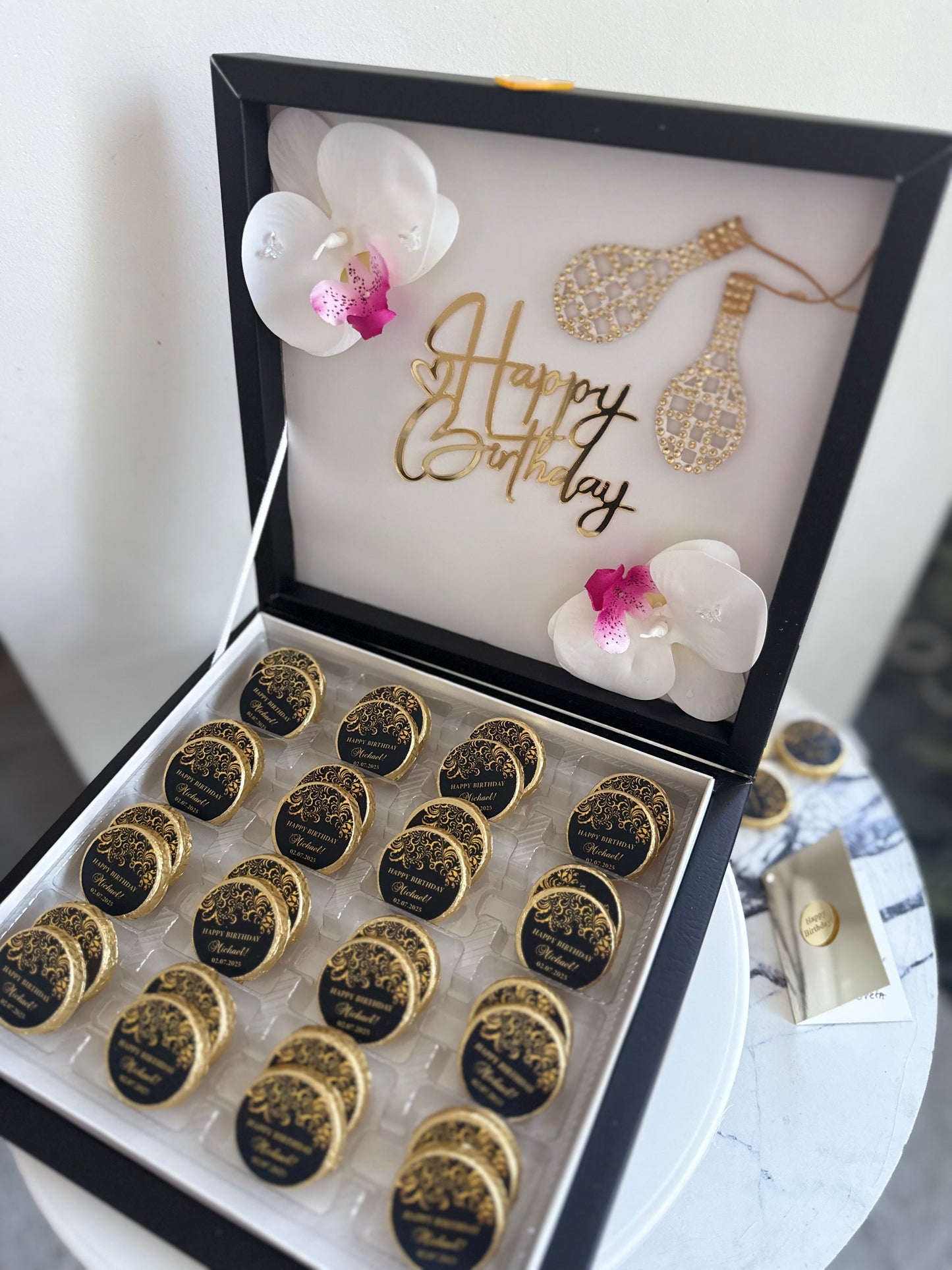 Personalized 32pc dark chocolate box: Happy Birthday!