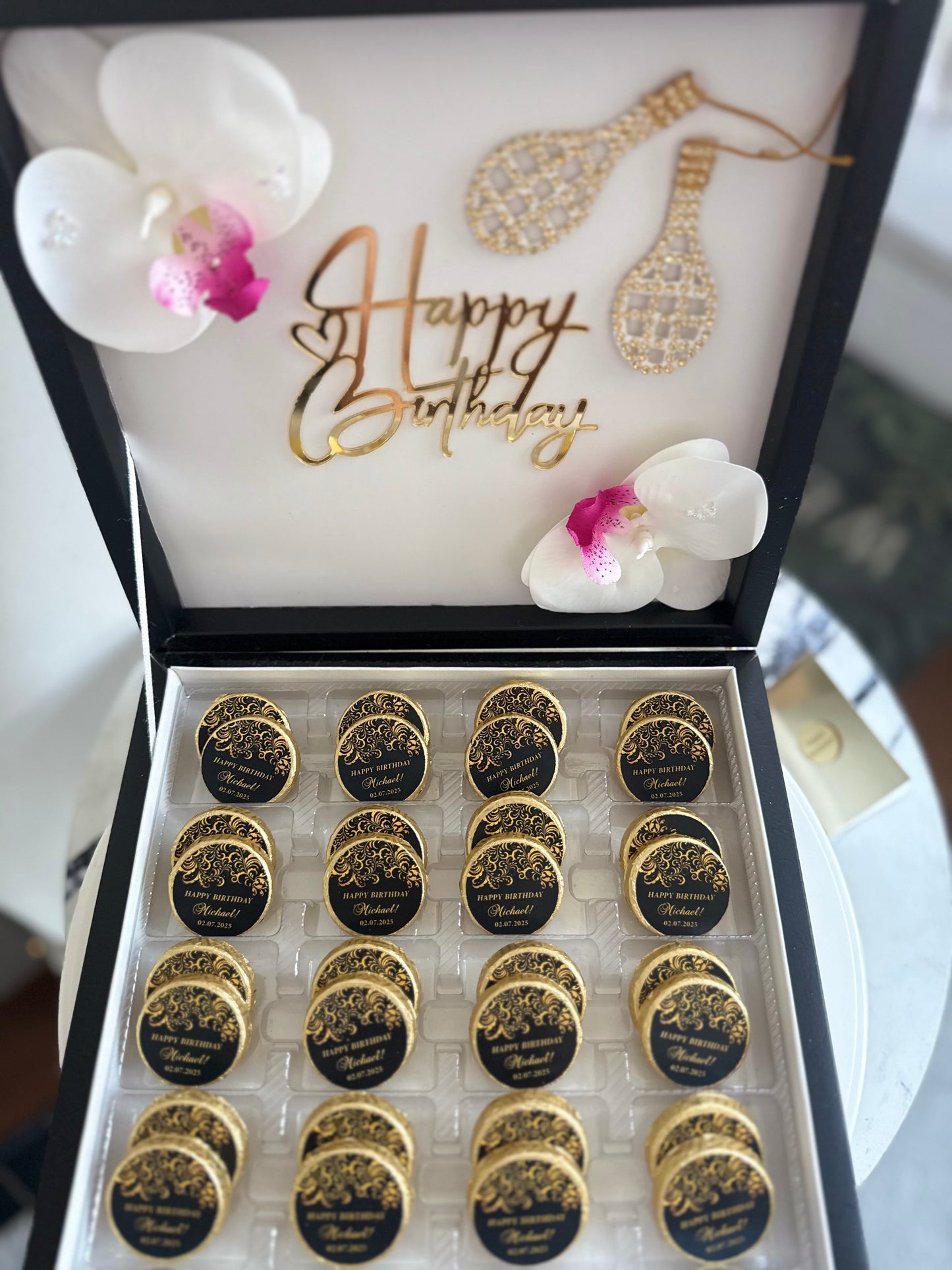 Personalized 32pc dark chocolate box: Happy Birthday!
