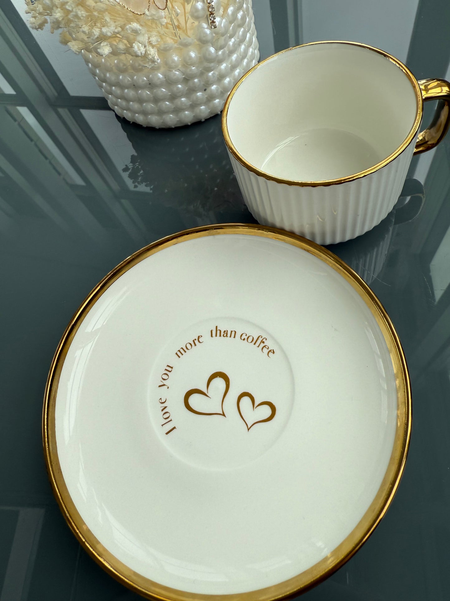 Personalized White & Gold Coffee Cup & Plate Set
