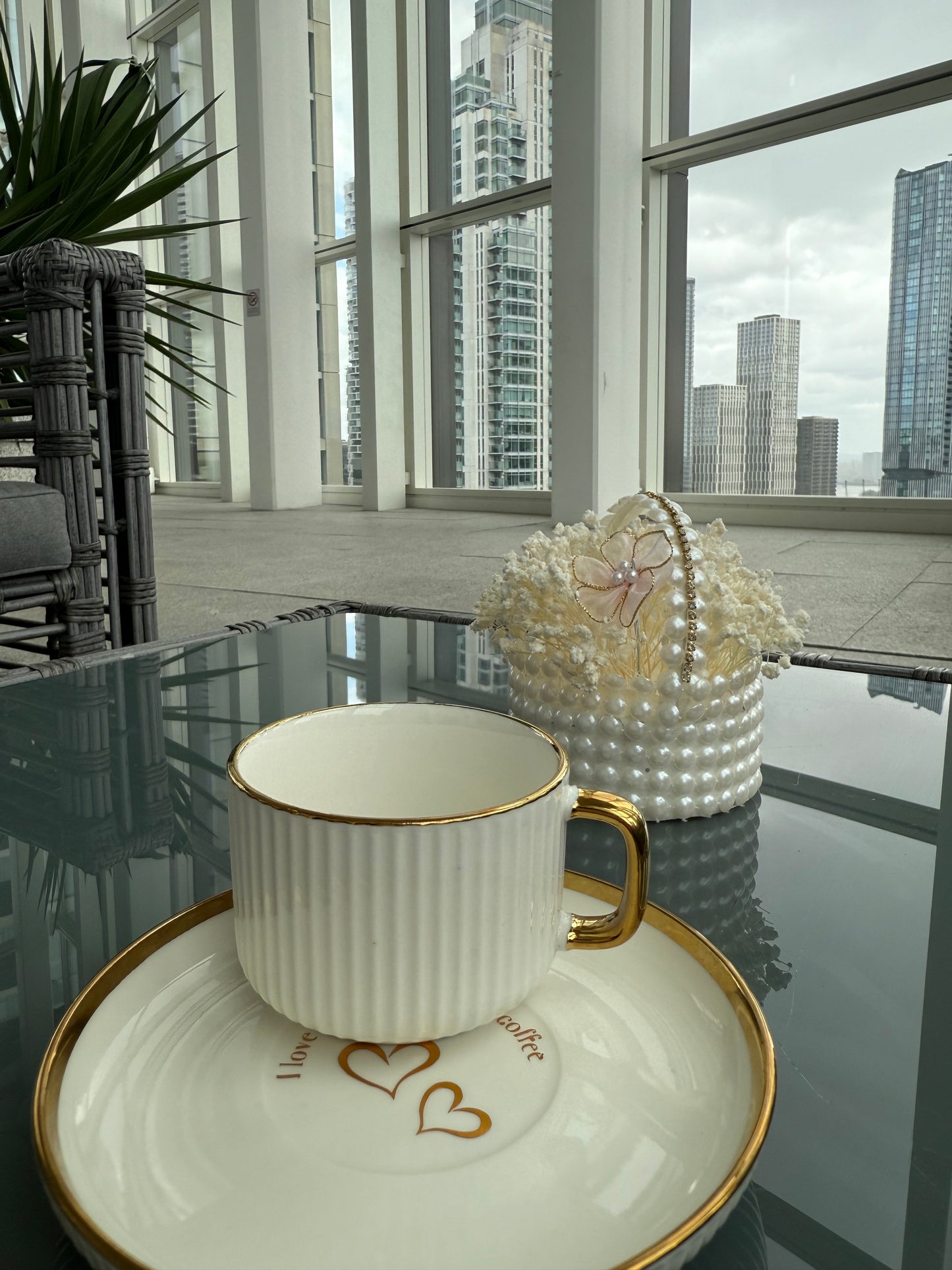 Personalized White & Gold Coffee Cup & Plate Set